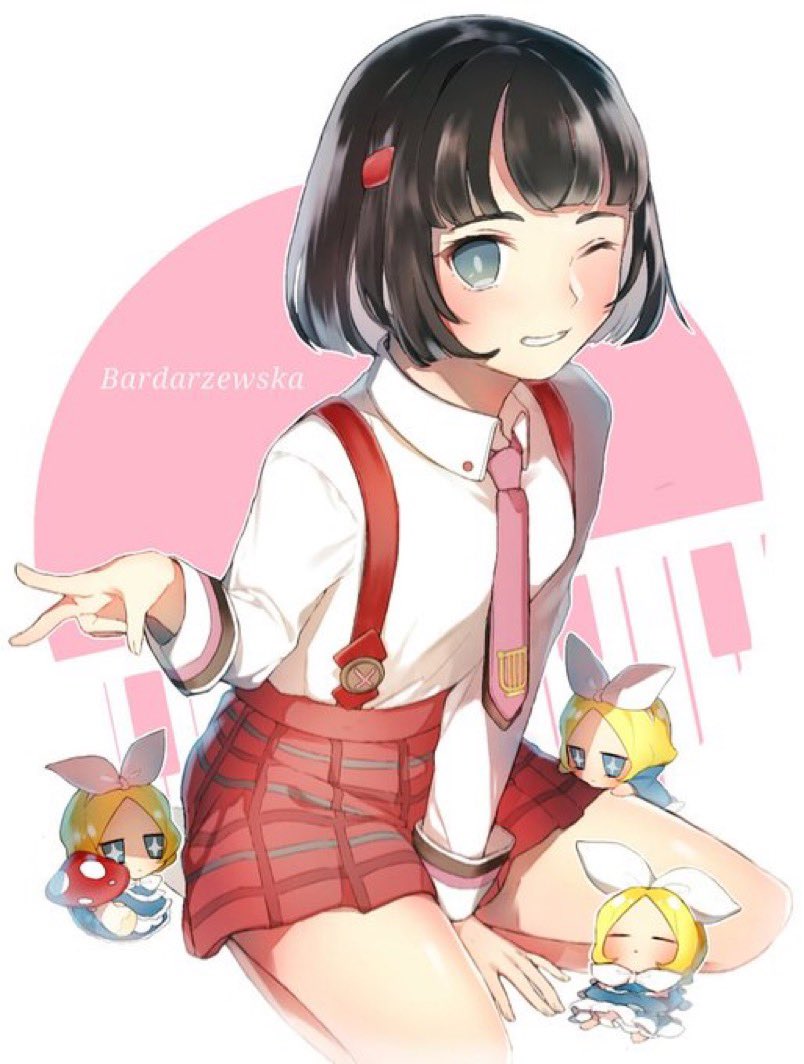 1girl black_hair blue_eyes blush character_doll classicaloid grey_eyes grin kneeling mushroom necktie one_eye_closed pink_necktie pyotr_illyich_tchaikovsky_(classicaloid) red_suspenders shirt short_hair smile suspenders tarutaru_s0urce tekla_badarzewska-baranowska_(classicaloid) white_shirt