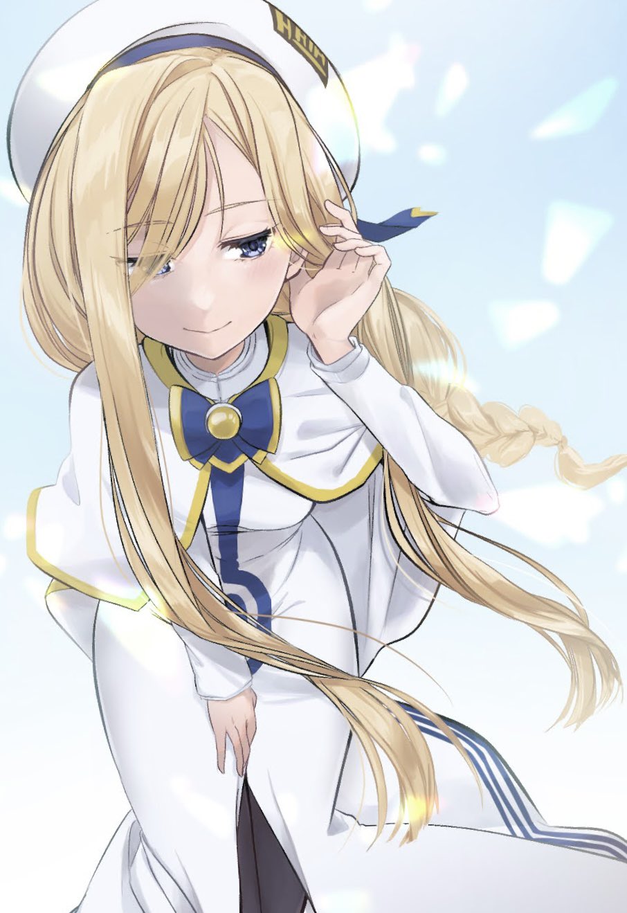 1girl alicia_florence aogirism aria_(manga) aria_company_uniform beret black_pantyhose blonde_hair blue_background blue_bow blue_bowtie blue_eyes blue_ribbon bow bowtie braid braided_ponytail breasts capelet dress gold_trim gradient_background hair_over_one_eye hand_up hat hat_ribbon highres leaning_forward long_hair long_sleeves looking_to_the_side pantyhose parted_bangs ribbon side_slit sidelocks small_breasts smile solo very_long_hair white_background white_capelet white_dress white_hat