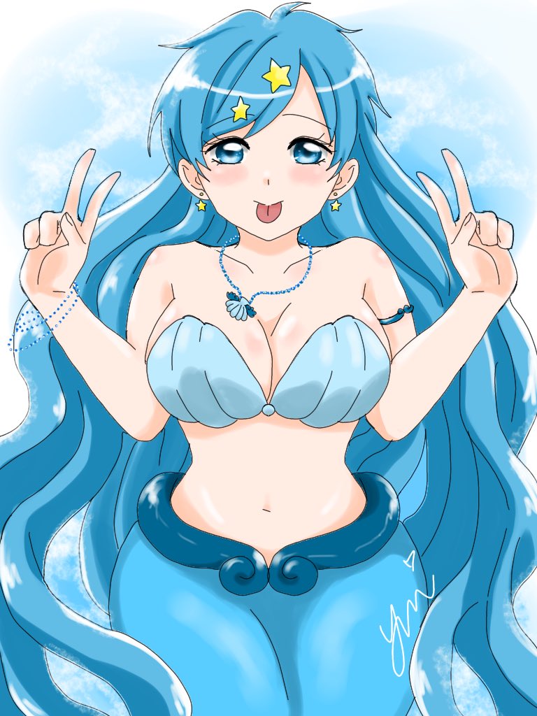 1girl :p armlet artist_name bikini blue_bikini blue_eyes blue_hair blush bracelet breasts cleavage closed_mouth collarbone earrings fish_girl hair_ornament houshou_hanon jewelry large_breasts looking_at_viewer mermaid mermaid_melody_pichi_pichi_pitch monster_girl navel necklace shell shell_bikini shell_necklace simple_background star_(symbol) star_earrings star_hair_ornament swimsuit tongue tongue_out v yui_u86