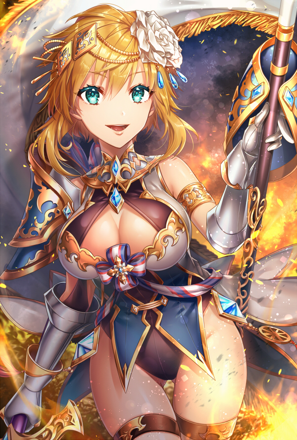 1girl :d aqua_eyes armor bad_id bad_pixiv_id blonde_hair breasts brown_leotard cape cleavage commentary_request cowboy_shot female_focus fire fringe_trim gauntlets hair_ornament holding holding_weapon kamuinii large_breasts leotard looking_at_viewer open_mouth original pauldrons polearm short_hair shoulder_armor single_pauldron smile solo standing thigh_strap thighs weapon