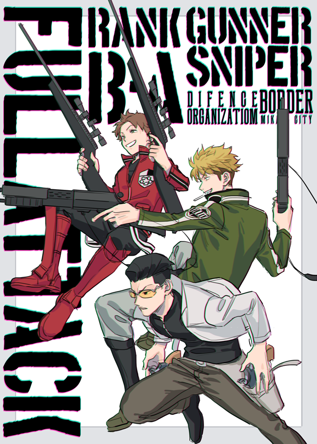 3boys arashiyama_squad&#039;s_uniform black_footwear black_hair black_pants black_shirt blonde_hair boots brown_hair cigarette glasses green_jacket grey_pants grin gun handgun hands_up holster holstered jacket knee_boots long_sleeves looking_ahead male_focus mouth_hold multiple_boys ohhhhhhtsu orange-tinted_eyewear outside_border outstretched_arm pants pompadour red_footwear red_jacket rifle satori_ken shirt shoes short_hair smile sniper_rifle suwa_koutarou suwa_squad&#039;s_uniform tinted_eyewear trait_connection undercut weapon white_background white_jacket world_trigger yuba_squad&#039;s_uniform yuba_takuma