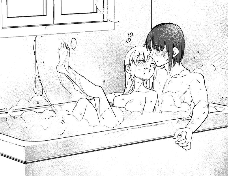 1boy ashton_anchors barefoot bath blush breasts closed_mouth greyscale heart long_hair medium_breasts monochrome nude open_mouth precis_neumann protected_link star_ocean star_ocean_the_second_story wet wet_hair ycco_(estrella)