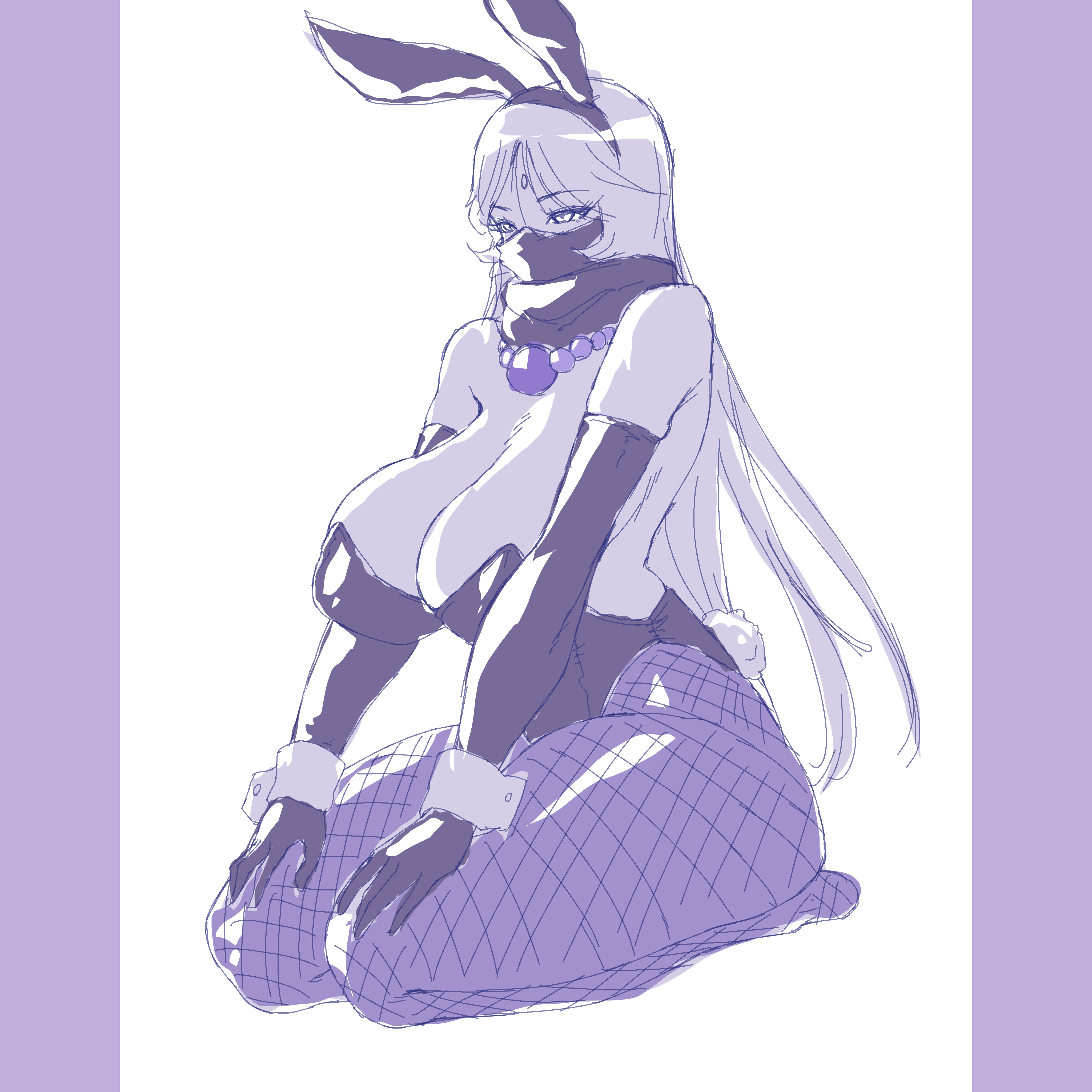 1girl absurdres alternate_costume animal_costume breasts curvy digimon digimon_(creature) gerusyu highleg highleg_leotard highres huge_breasts jewelry leotard long_hair looking_ahead necklace playboy_bunny rabbit_costume rabbit_ears rabbit_tail sanzomon scarf scarf_over_mouth sitting thong_leotard wide_hips