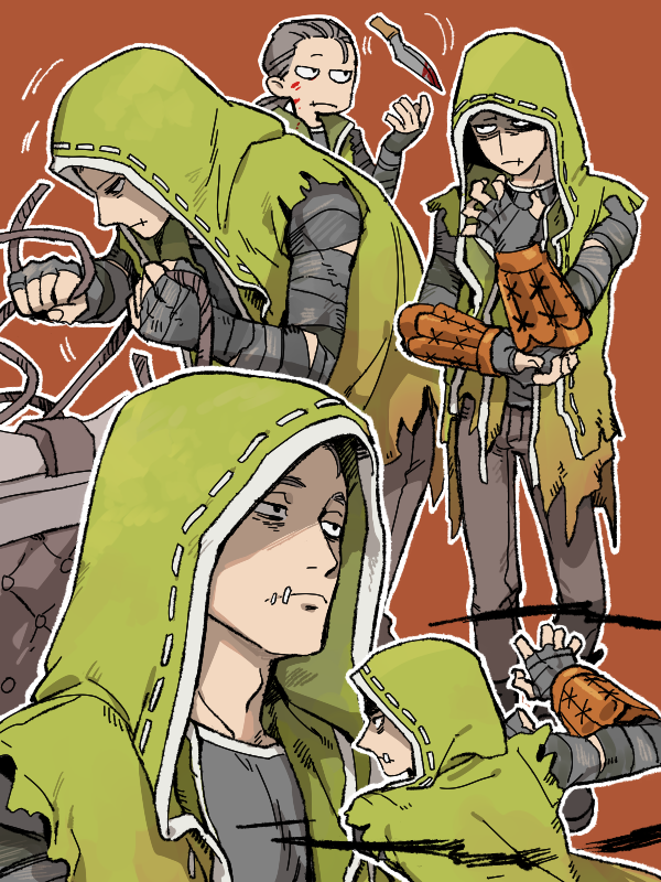 1boy black_shirt blood bloody_weapon brown_hair brown_pants chair cloak elbow_pads full_body green_cloak holding holding_rope hood hood_down hooded_cloak identity_v knife kukri looking_ahead low_ponytail male_focus medium_hair michiru_(amphibian) motion_lines multiple_views naib_subedar pants ponytail rope shaded_face shirt stitched_mouth stitches throwing_knife torn_clothes untying weapon