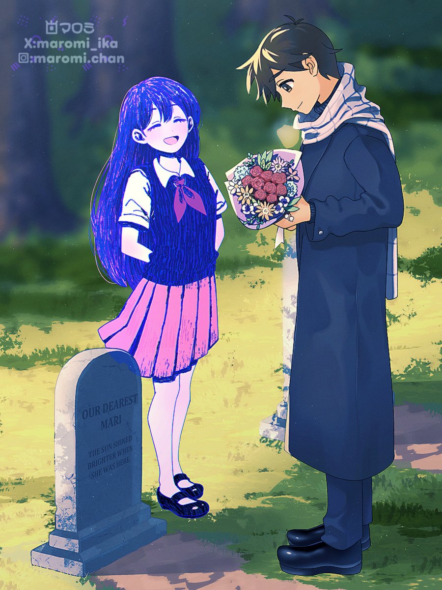 1boy 1girl black_footwear black_hair bouquet coat commentary english_commentary english_text flower full_body grass grave hero_(faraway)_(omori) hero_(omori) highres holding holding_bouquet instagram_username long_hair looking_down mari_(headspace)_(omori) mari_(omori) maromichan mary_janes neckerchief omori outdoors pants scarf shirt shoes short_hair standing tombstone tree twitter_username vest