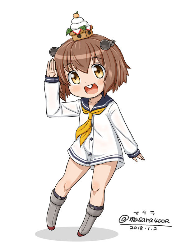 1girl blue_sailor_collar boots brown_eyes brown_hair commentary_request dress food grey_boots kagami_mochi kantai_collection masara_(chuujou) microdress mochi neckerchief open_mouth round_teeth sailor_collar sailor_dress salute sanbou short_hair simple_background solo speaking_tube_headset teeth upper_teeth_only white_background yellow_neckerchief yukikaze_(kancolle)