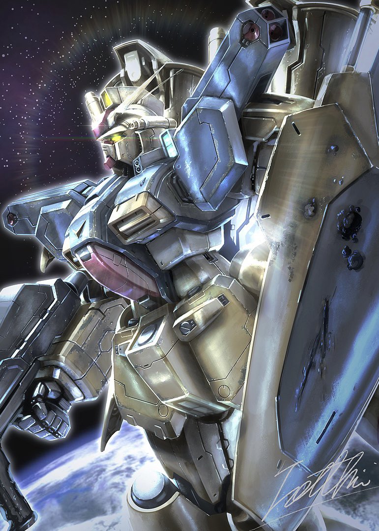earth_(planet) from_side glowing glowing_eye gun gundam gundam_0083 gundam_gp-01_full_vernian_zephyranthes holding holding_gun holding_weapon mecha planet robot science_fiction shield solo space totthii0081 v-fin weapon yellow_eyes
