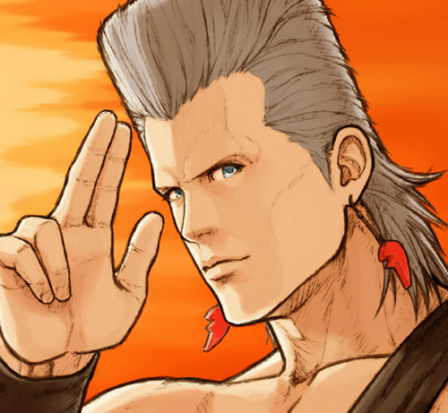 1boy blue_eyes collarbone earrings flattop fuji_(d38635s10) grey_hair jean_pierre_polnareff jewelry jojo_no_kimyou_na_bouken lowres male_focus no_eyebrows orange_background portrait solo