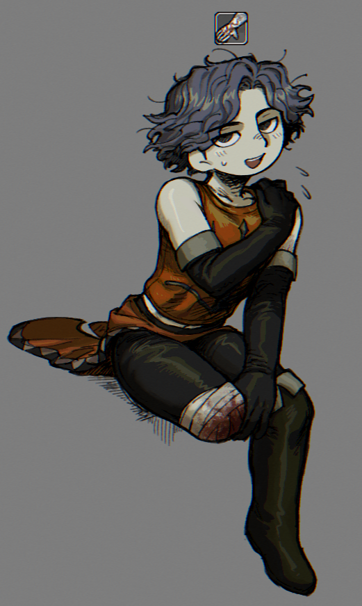 1boy amputee armor bandaged_leg bandages bare_shoulders black_boots black_eyes black_gloves black_hair boots cahara_(fear_&amp;_hunger) fear_&amp;_hunger_(series) fear_&amp;_hunger_1 flying_sweatdrops fold-over_boots fold-over_gloves full_body gameplay_mechanics gloves grey_background hand_on_own_shoulder knee_boots leather_armor looking_at_viewer male_focus midriff_peek open_mouth short_hair simple_background sitting sleeveless sm2_hokke smile solo sweat teeth upper_teeth_only