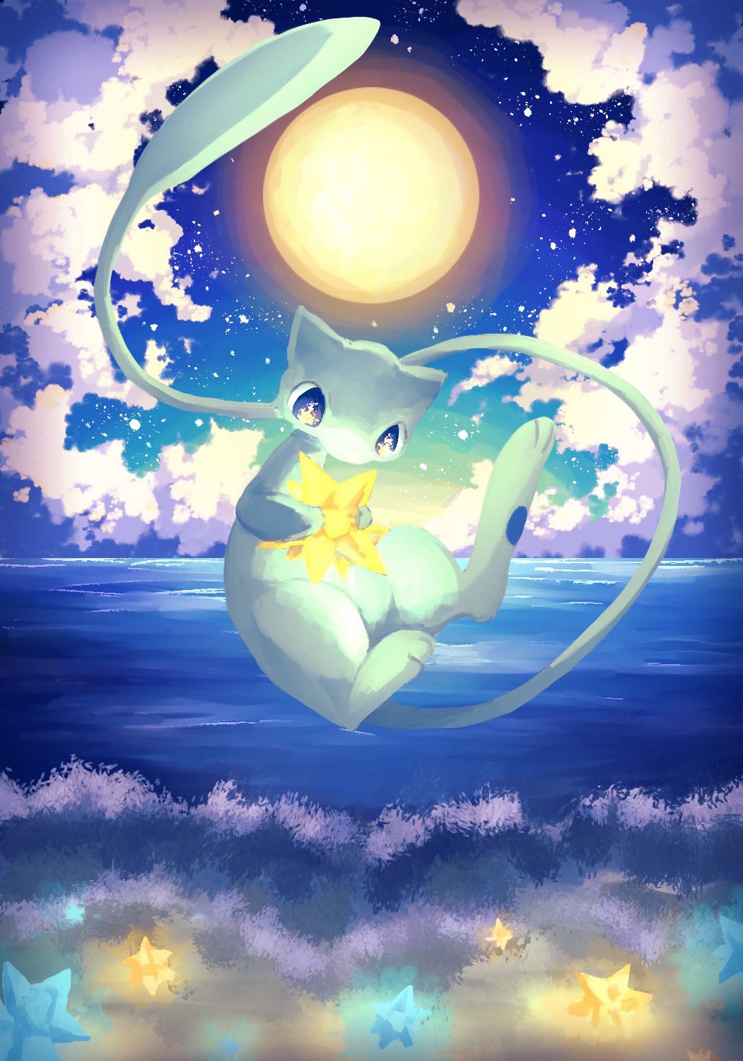 7_phi_3 alternate_color blue_eyes cloud full_body full_moon gen_1_pokemon highres holding legendary_pokemon looking_down mew_(pokemon) moon mythical_pokemon nintendo no_humans pokemon pokemon_(creature) shiny_pokemon solo star_(symbol) tail water