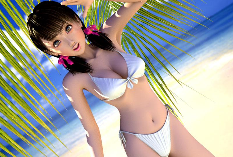 1girl 3d beach bikini brown_eyes brown_hair cloud day female_focus flear front-tie_top hair_ribbon incise_soul m-rs ocean outdoors palm_tree ribbon sand side-tie_bikini_bottom sky solo swimsuit tree twintails white_bikini