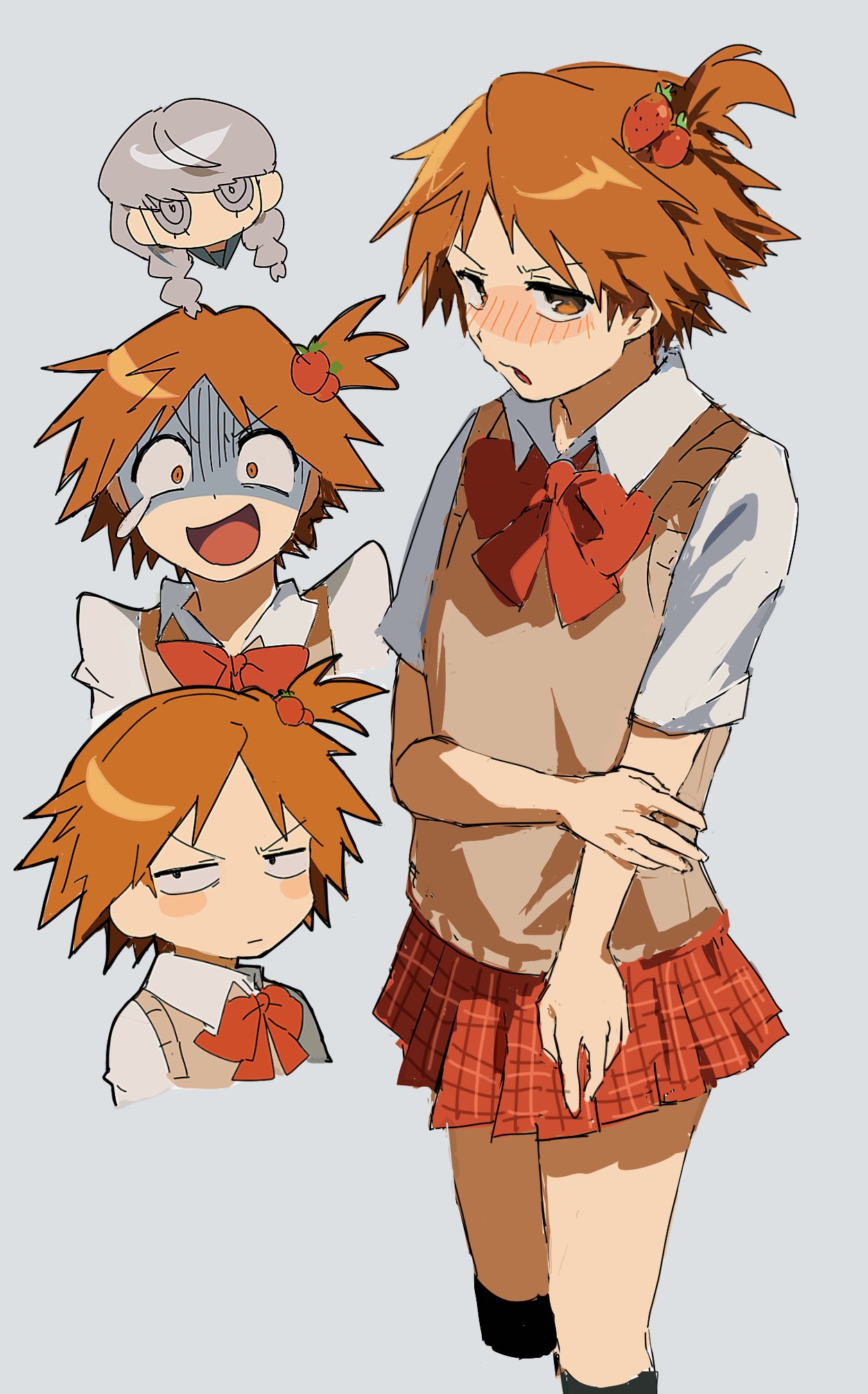 2boys blush bow bowtie braid brown_eyes brown_hair brown_sweater_vest closed_mouth collared_shirt commentary_request crossdressing food-themed_hair_ornament grey_background grey_eyes grey_hair hair_ornament hanamura_yousuke hand_on_own_arm highres korean_commentary male_focus multiple_boys multiple_views narukami_yu nt_26 one_side_up open_mouth persona persona_4 pleated_skirt red_bow red_bowtie red_skirt shaded_face shirt simple_background skirt strawberry_hair_ornament sweater_vest twin_braids white_shirt