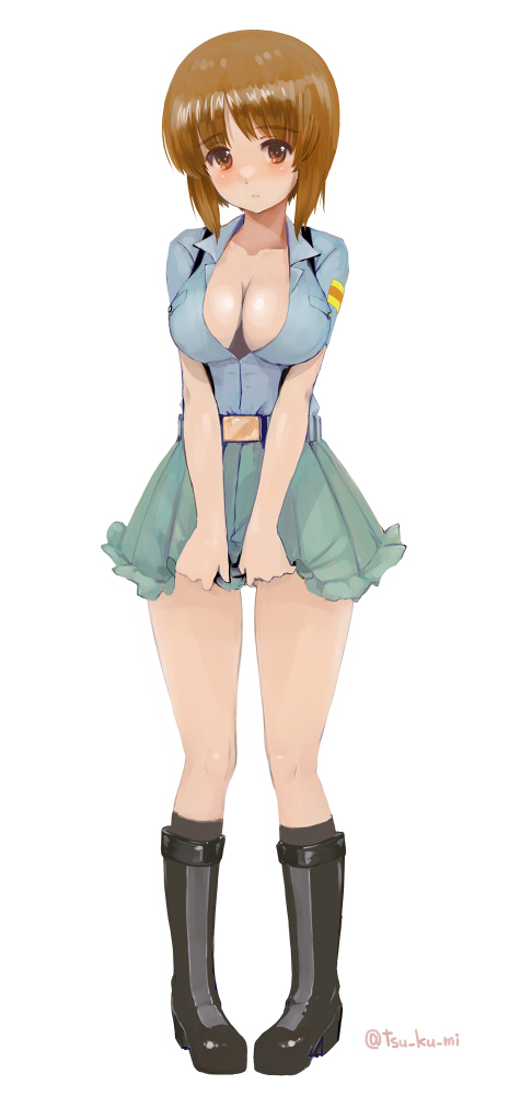 1girl alternate_costume aoshidan_school_uniform belt belt_buckle black_boots black_socks blue_shirt blush boots breasts brown_eyes brown_hair buckle cleavage closed_mouth clothes_pull collarbone girls_und_panzer green_skirt kneehighs large_breasts miniskirt nishizumi_miho pleated_skirt school_uniform shirt short_hair short_sleeves skirt skirt_pull socks suspender_skirt suspenders yurikuta_tsukumi