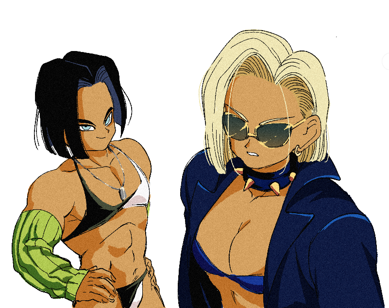 1boy 1girl abs android android_17 android_18 belly bikini black_hair blonde_hair blue_bra blue_coat bra breasts cal_monssi cleavage coat collar collarbone dragon_ball dragonball_z earrings furrowed_brow glasses green_sleeves hands_on_own_hips jewelry looking_at_viewer midriff multicolored_bra multicolored_clothes multicolored_male_underwear muscular muscular_male necklace short_hair siblings smile spiked_collar spikes swimsuit toned toned_female toned_male underwear white_background yellow-framed_eyewear