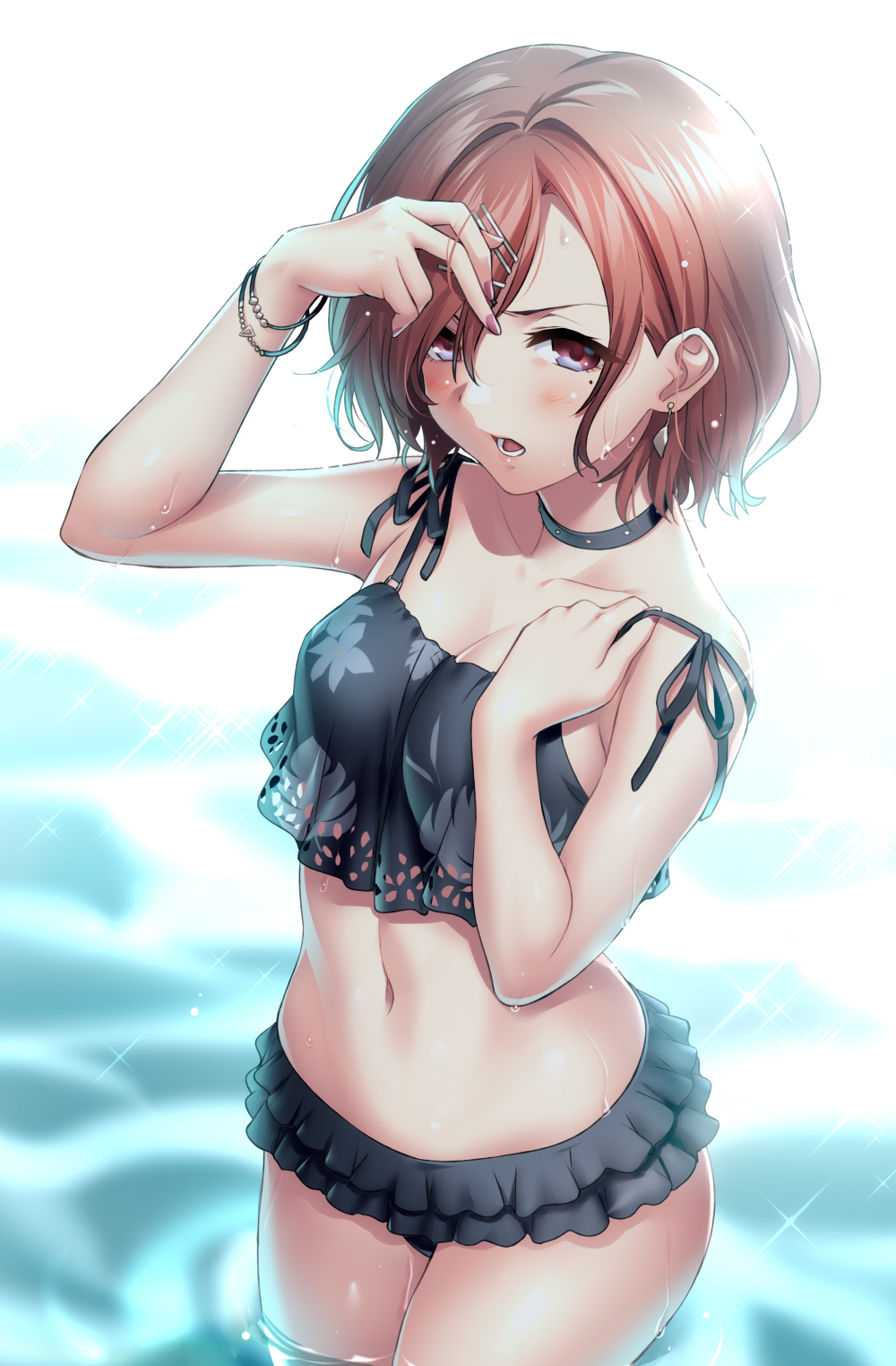 adjusting_hair annoyed arm_up bikini black_bikini bracelet breasts brown_eyes brown_hair choker cleavage collarbone cowboy_shot earrings floral_print frilled_bikini frills hair_behind_ear hair_ornament hairclip highres higuchi_madoka idolmaster idolmaster_shiny_colors in_water jewelry looking_at_viewer medium_breasts mole mole_under_eye nail_polish navel open_mouth simple_background solo stomach strap_slip swimsuit teeth wading water wet x_hair_ornament zen