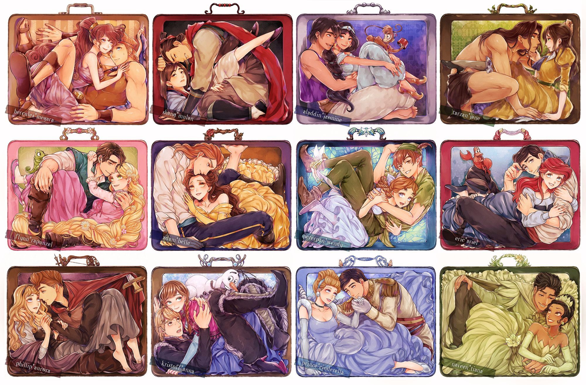 6+boys 6+girls abu_(aladdin) aladdin_(disney) aladdin_(movie) anna_(frozen) ariel_(disney) aurora_(disney) beast_(disney) beauty_and_the_beast_(disney) belle_(disney) black_hair blonde_hair blue_eyes box brown_hair chinese_clothes cinderella_(disney_character) cinderella_(disney_movie) couple dark-skinned_female dark-skinned_male dark_skin disney dress eric_(disney) fa_mulan_(disney) flower frozen_(disney) hanfu hercules_(disney) hetero highres in_box in_container jane_porter jasmine_(disney) long_hair makeup megara_(disney) mizala mulan_(movie) multiple_boys multiple_girls ponytail prince prince_adam_(disney) prince_charming_(disney) prince_naveen purple_eyes rapunzel_(disney) sebastian_(disney) sleeping_beauty_(disney) smile stuck_in_a_box suitcase tangled tarzan_(disney) tarzan_(disney_movie) the_little_mermaid_(disney) the_princess_and_the_frog tiana_(the_princess_and_the_frog) very_long_hair walt_disney's_peter_pan wendy_darling