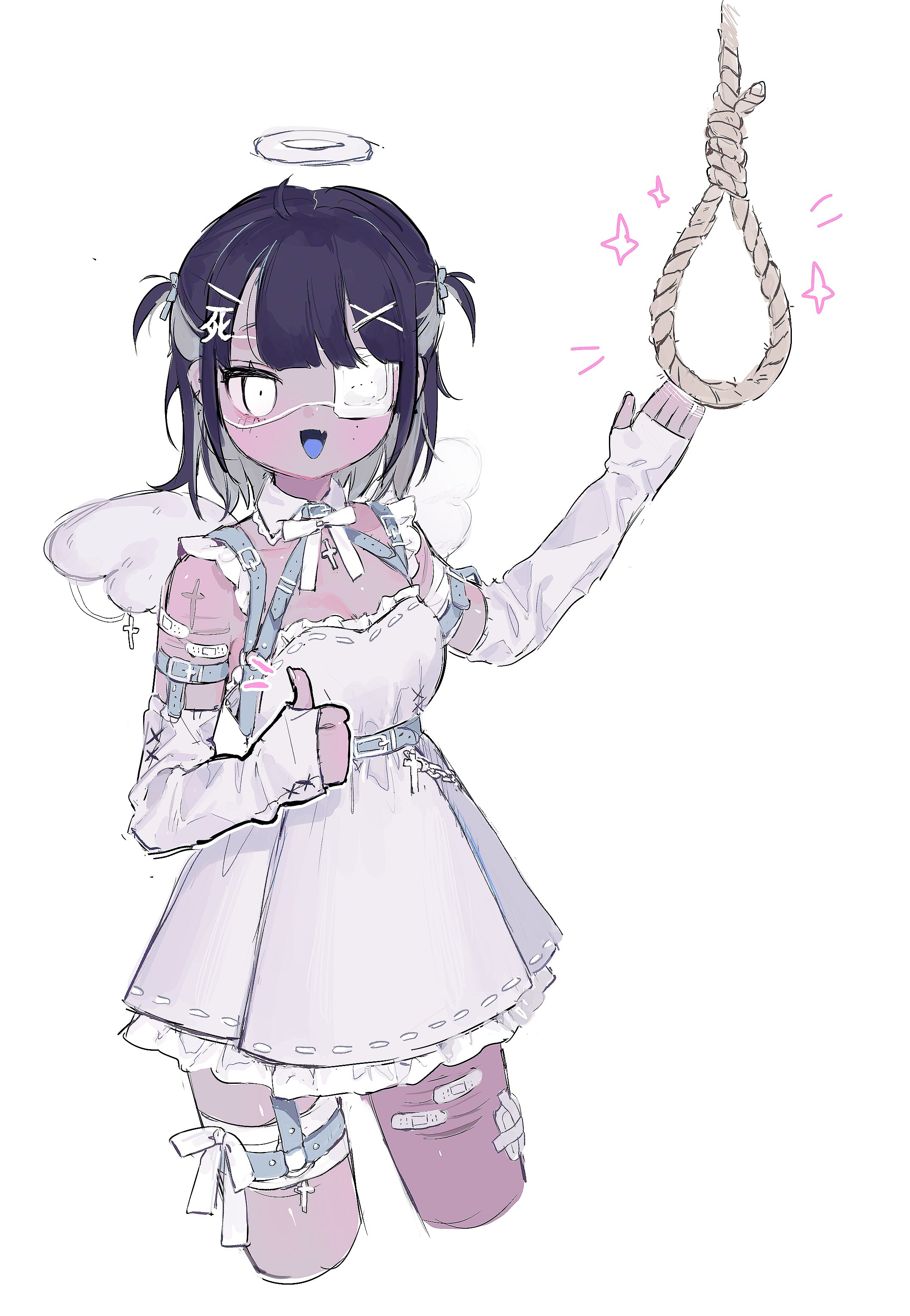 1girl 28mm absurdres angel bandaid bandaid_on_leg black_hair breasts colored_inner_hair cropped_legs cross dark-skinned_female dark_skin detached_collar dress elbow_gloves eyepatch fang fingerless_gloves gloves grey_hair hair_ornament halo highres kanji_hair_ornament looking_at_viewer medical_eyepatch multicolored_hair neck_ribbon noose open_mouth original ribbon scar scar_on_leg self-harm short_hair simple_background sketch small_breasts smile solo sparkle thigh_strap thumbs_up two-tone_hair two_side_up white_background white_eyes white_ribbon wings x_hair_ornament yami_kawaii