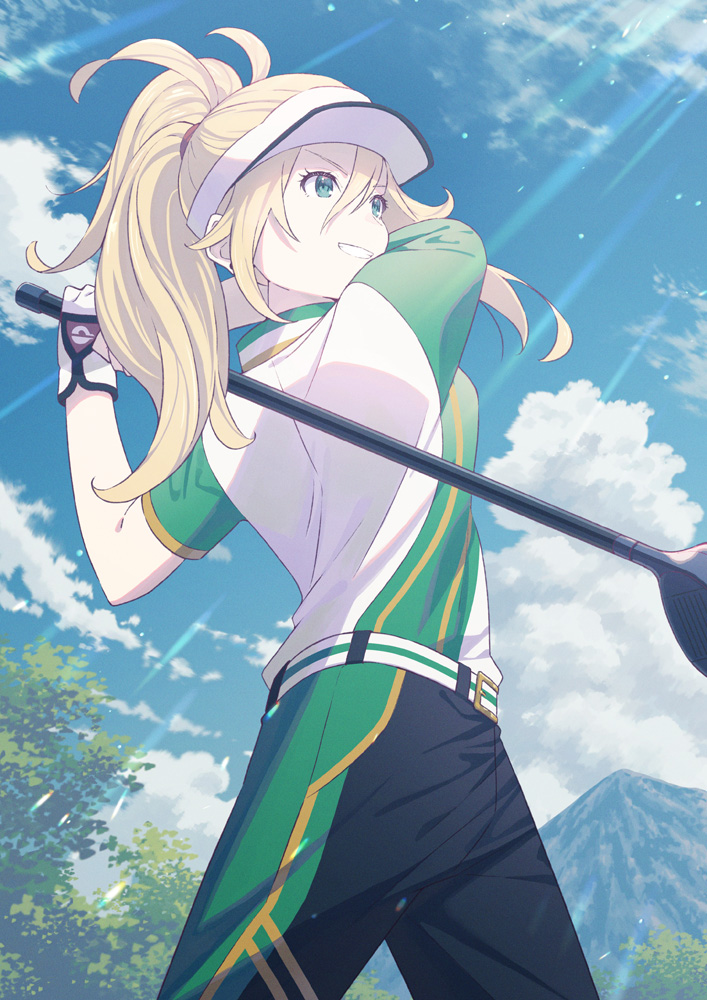 1girl belt belt_buckle birdie_wing:_golf_girls&#039;_story black_pants blonde_hair breasts buckle cloud commentary_request cowboy_shot cumulonimbus_cloud day eve_(birdie_wing) from_below gloves golf golf_club green_eyes green_shirt hair_between_eyes hair_tie hat high_ponytail holding holding_golf_club koh_rd light_particles light_rays long_hair looking_afar mountain official_art open_mouth outdoors pants playing_sports polo_shirt ponytail shirt short_sleeves smile solo sunbeam sunlight swinging_golf_club teeth tree two-tone_shirt visor_cap white_belt white_gloves white_hat white_shirt