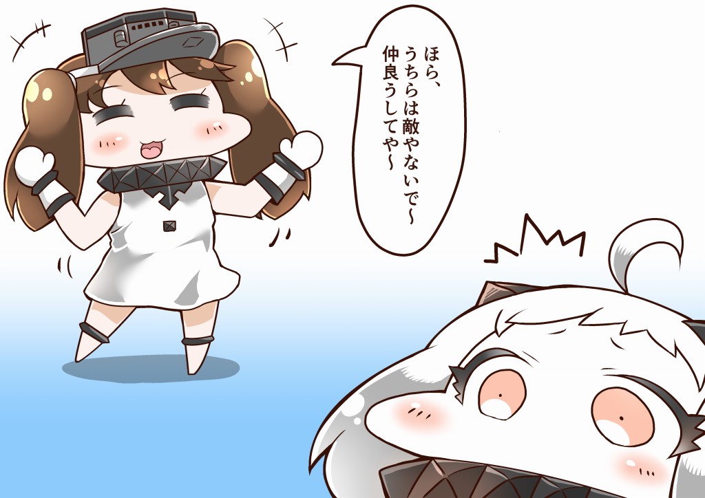 2girls abyssal_ship ahoge alternate_costume brown_hair colored_skin comic cosplay dress horns kantai_collection long_hair mittens multiple_girls northern_ocean_hime_(cosplay) northern_ocean_princess open_mouth pale_skin red_eyes ryuujou_(kancolle) sleeveless sleeveless_dress tanaka_kusao twintails visor_cap white_dress white_hair white_skin