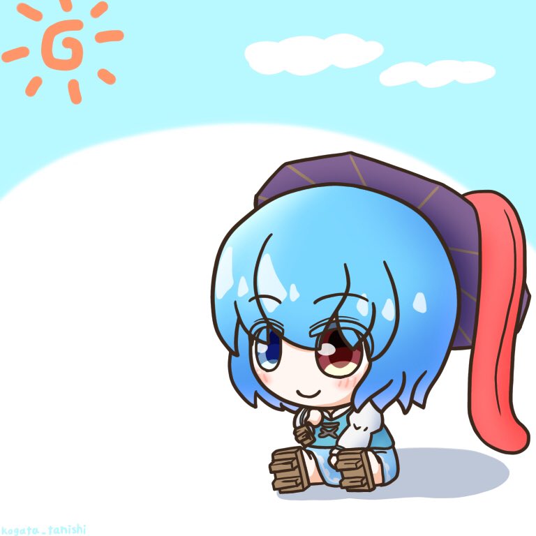 1girl blue_eyes blue_hair brown_footwear chibi cloud commentary_request full_body geta heterochromia holding holding_umbrella juliet_sleeves karakasa_obake kogata_tanishi long_sleeves puffy_sleeves purple_umbrella red_eyes sitting solo sun tatara_kogasa tongue touhou umbrella