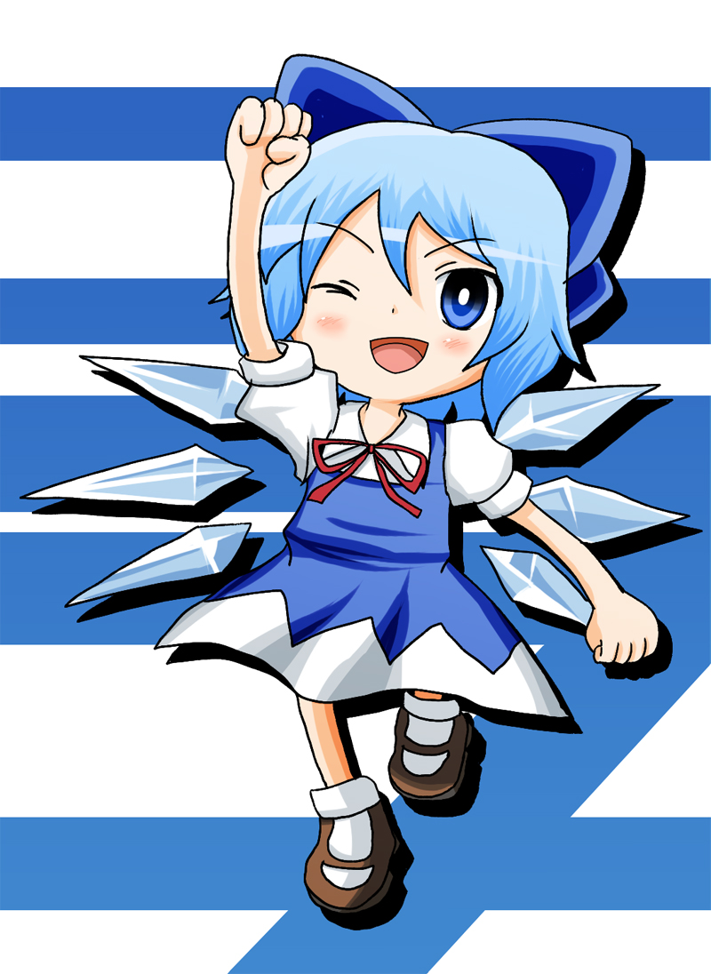 1girl arm_up blue_bow blue_dress blue_eyes blue_hair blue_theme bow chibi chibi_only cirno cirno_day clenched_hand dress feita_(counterfeit) full_body hair_bow ice ice_wings looking_at_viewer one_eye_closed open_mouth puffy_short_sleeves puffy_sleeves short_hair short_sleeves solo touhou wings