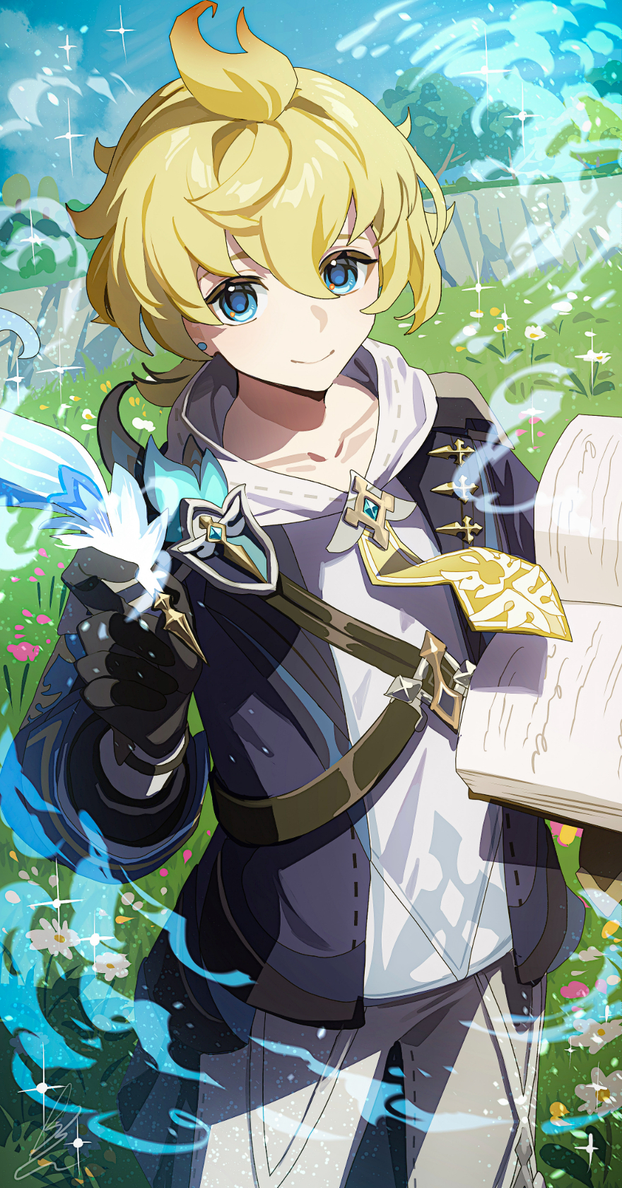 1boy black_gloves blonde_hair blue_eyes blue_jacket blue_sky book closed_mouth commentary_request cowboy_shot day field floating_neckwear flower flower_field genshin_impact gloves grass grey_shorts hair_between_eyes highres holding holding_book holding_quill hood hood_down hoodie jacket looking_at_viewer male_focus mika_(genshin_impact) necktie open_book outdoors ponytail quill shibuki_kamone short_hair short_ponytail shorts sky smile solo tree white_hoodie yellow_necktie