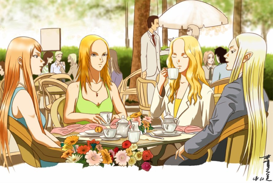 4boys 6+girls alternate_costume clare_(claymore) claymore_(series) contemporary cup deneve galatea helen irene miria multiple_boys multiple_girls table tea teresa