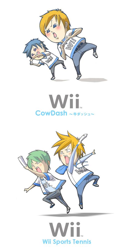 2boys blonde_hair blue_hair game_console green_hair hood hoodie long_image male_focus multiple_boys nintendo product_placement spiked_hair tall_image what wii