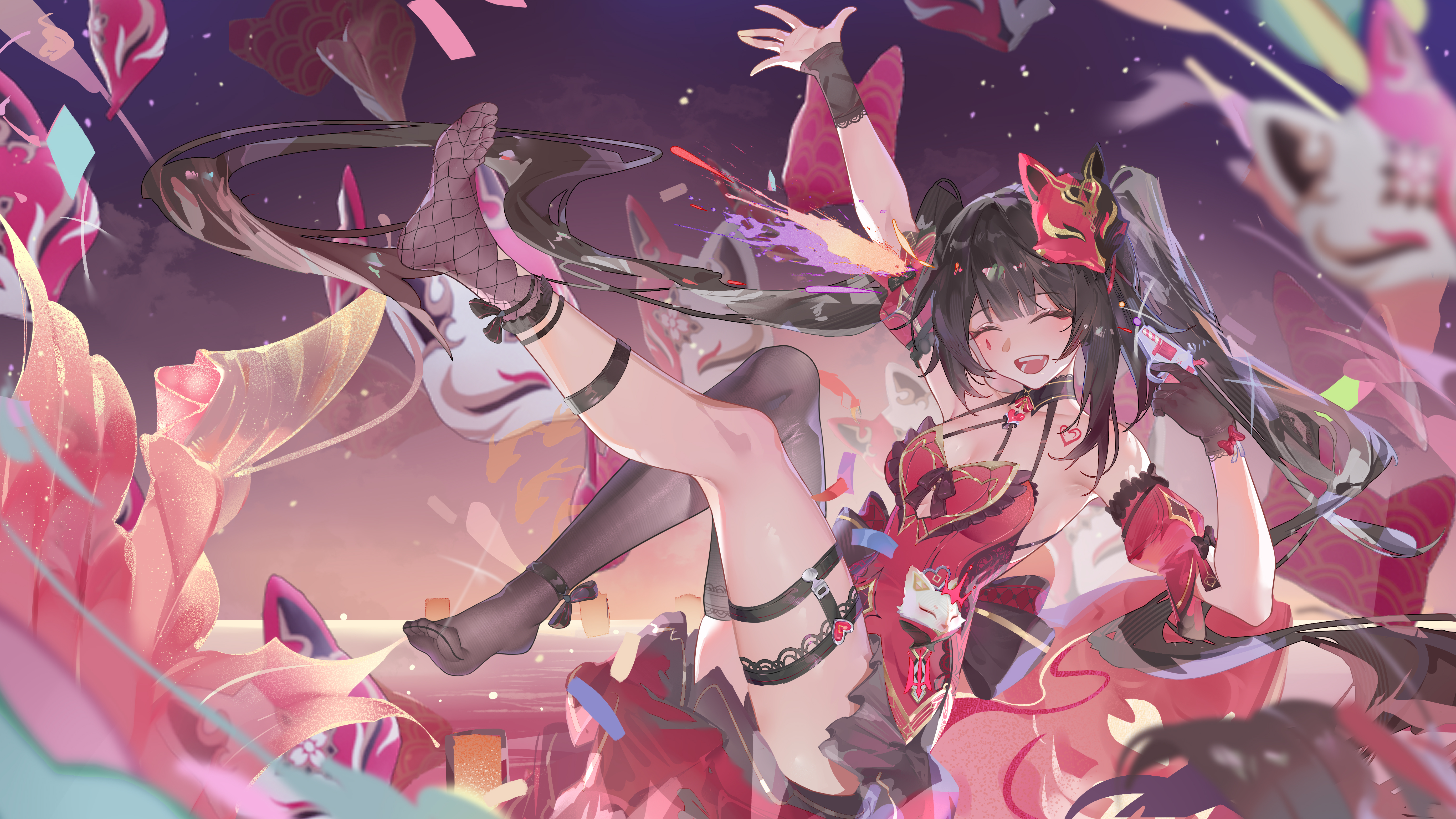 1girl :d absurdres arm_up bare_shoulders black_gloves black_hair black_socks black_thighhighs blurry blurry_foreground breasts chinese_commentary closed_eyes collarbone comet-c commentary_request detached_sleeves dress facial_mark feet fishnet_socks fishnets fox_mask gloves gun gun_to_head halter_dress halterneck heart heart_tattoo highres holding holding_gun holding_weapon honkai:_star_rail honkai_(series) honkai_impact_3rd koi long_hair mark_under_eye mask mask_on_head medium_breasts no_shoes official_alternate_costume open_mouth outstretched_arm red_dress red_sleeves short_sleeves shoulder_tattoo single_glove single_sock single_thighhigh smile socks soles solo sparkle_(fictitious_game)_(honkai:_star_rail) sparkle_(honkai:_star_rail) tattoo teardrop_facial_mark thighhighs toes twintails very_long_hair weapon