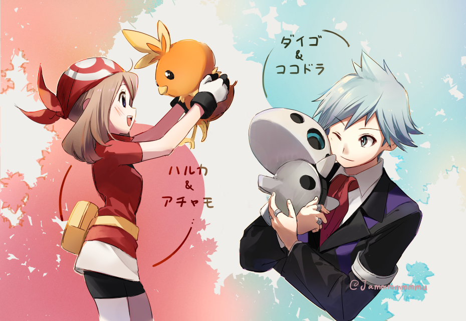 1boy 1girl :d aron bag bandana bike_shorts bike_shorts_under_skirt black_jacket blue_eyes blue_hair blush collared_shirt commentary_request fanny_pack game_freak gen_3_pokemon gloves grey_eyes holding holding_pokemon jacket jewelry light_blue_hair light_brown_hair light_smile long_sleeves may_(pokemon) medium_hair multiple_rings necktie nintendo one_eye_closed open_mouth pokemon pokemon_(creature) pokemon_rse red_bandana red_necktie red_shirt ring shellw_(jammmmmmmu) shirt short_hair short_sleeves skirt smile steven_stone torchic translated white_shirt white_skirt yellow_bag