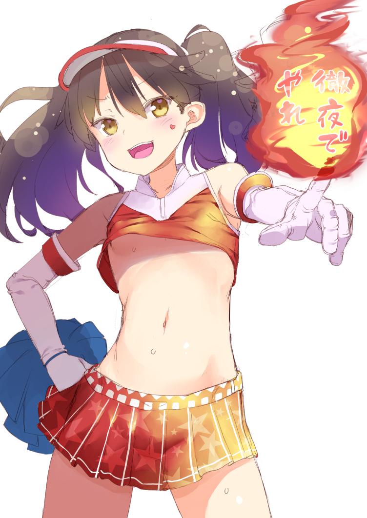 1girl :d blush breasts brown_eyes brown_hair cheerleader contrapposto cowboy_shot elbow_gloves facial_mark fire gloves hair_between_eyes heart heart_facial_mark kantai_collection karochii looking_at_viewer medium_hair miniskirt navel open_mouth pointing pointing_at_viewer pom_pom_(cheerleading) red_skirt ryuujou_(kancolle) simple_background skirt small_breasts smile solo twintails visor_cap white_background white_gloves