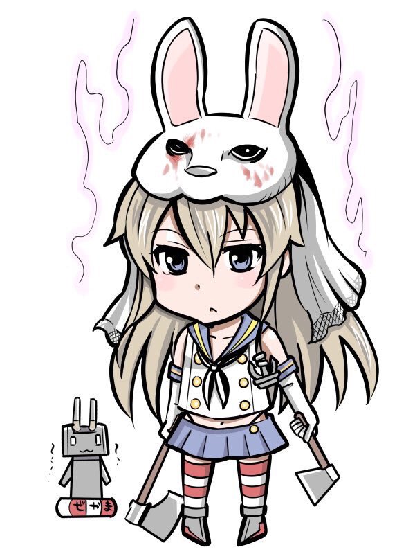 1girl anchor_hair_ornament animal_head aura axe blonde_hair blood commentary_request dark_aura dead_by_daylight dual_wielding elbow_gloves expressionless gloves grey_eyes hair_between_eyes hair_ornament holding holding_axe inoue_kousei kantai_collection long_hair navel neckerchief pleated_skirt rabbit_head rensouhou-chan shimakaze_(kancolle) shirt sidelocks skirt sleeveless sleeveless_shirt striped_clothes striped_thighhighs thighhighs veil white_background