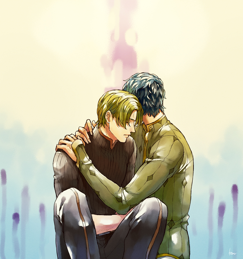 2boys akke artist_name blue_hair closed_eyes fire_emblem fire_emblem_echoes:_shadows_of_valentia forsyth_(fire_emblem) green_hair hug male_focus multiple_boys nintendo python_(fire_emblem) sitting