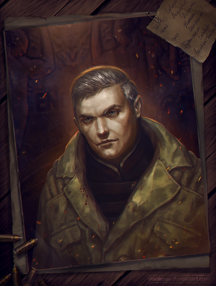 1boy blood blood_on_clothes blue_eyes bullet coat colonel_autumn deviantart_username enclave_(fallout) fallout fallout_3 fire grey_hair insolense male_focus military_coat military_uniform paper photo_(object) scar table