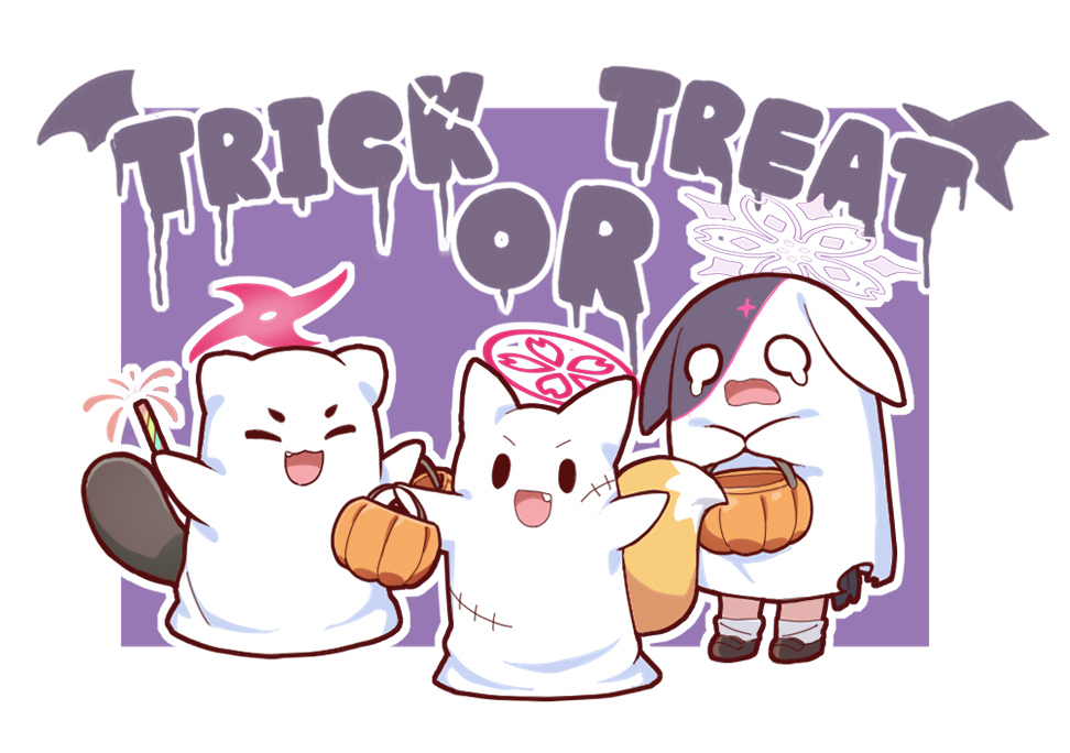 3girls :d ^_^ alternate_costume animal_ears basket blue_archive border chibi chibi_only closed_eyes commentary fang fox_tail full_body ghost_costume halloween halloween_bucket halloween_costume halo hands_up holding holding_basket holding_fireworks impossible_clothes izuna_(blue_archive) looking_at_viewer michiru_(blue_archive) multiple_girls needle_(574187457) ninjutsu_research_club_(blue_archive) no_humans open_mouth outline outside_border pink_halo purple_background rabbit_ears raccoon_tail sheet_ghost simple_background smile standing tail tearing_up trick_or_treat tsukuyo_(blue_archive) two-tone_background v-shaped_eyebrows white_background white_border white_outline