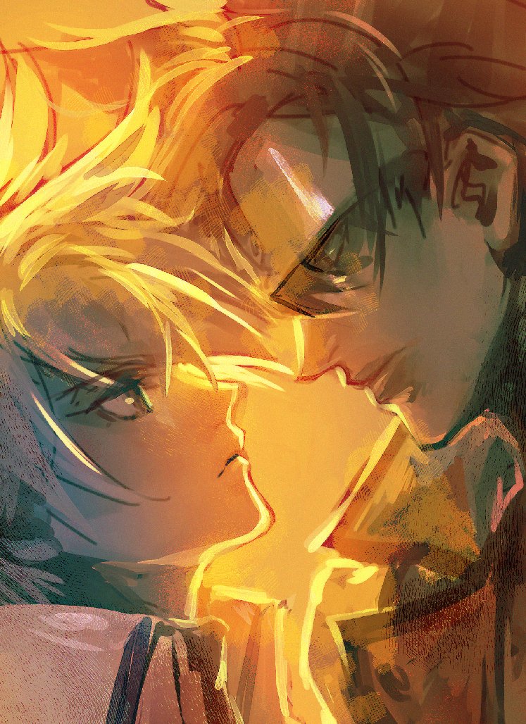 2boys blonde_hair brown_eyes brown_hair closed_mouth commentary_request eye_contact guilty_gear hairband high_collar jacket kin_mokusei ky_kiske lapels looking_at_another male_focus multiple_boys orange_background profile short_hair sol_badguy spiked_hair upper_body wing_collar