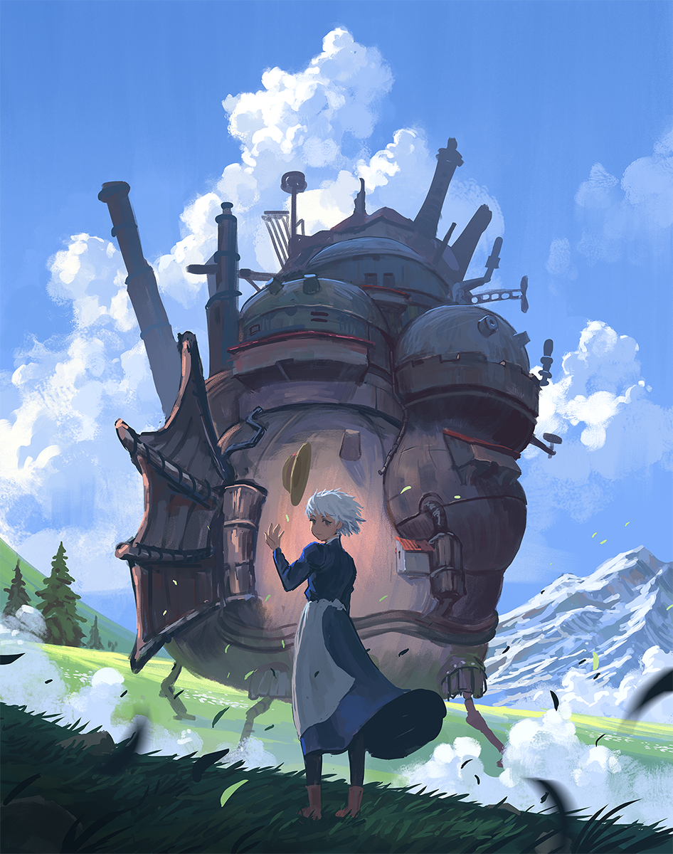 1girl apron architecture arm_up black_pantyhose blue_dress blue_sky boots brown_boots chimney cloud collared_dress commentary day dress english_commentary field floating_hair floating_hat fog from_behind grass hat highres hill howl_no_ugoku_shiro industrial_pipe juliet_sleeves landscape long_dress long_sleeves looking_at_viewer looking_back machine machinery making-of_available mechanical_legs mountainous_horizon outdoors pantyhose pine_tree puffy_sleeves short_hair sky smile solo sophie_hatter standing steampunk straw_hat studio_ghibli tree vertigris waist_apron white_apron white_hair wind wind_lift