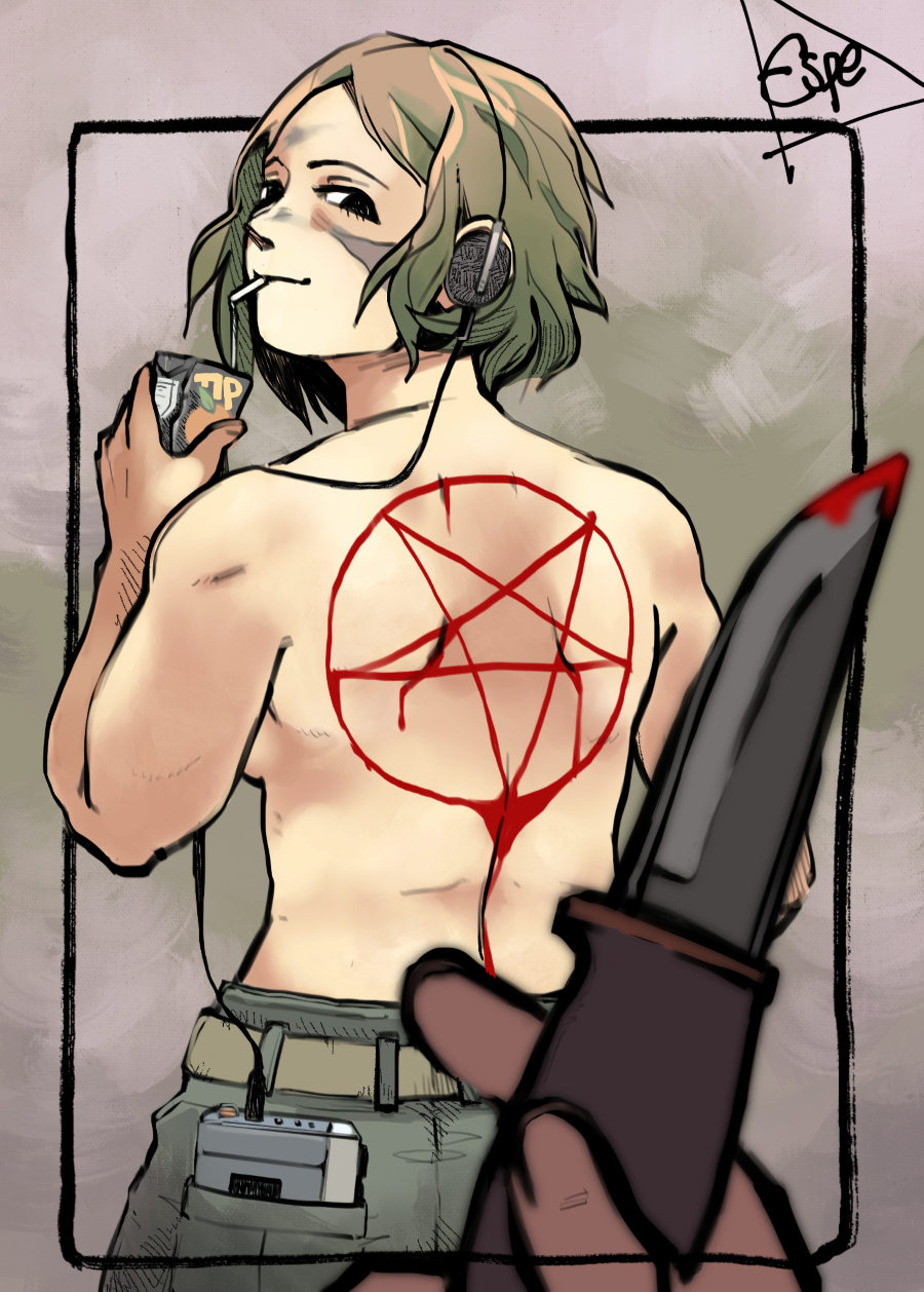 1girl 1other blonde_hair blood cassette_player espedraws finland headphones highres holding holding_knife inverted_pentagram juice_box knife military_uniform occult original simple_background topless_female