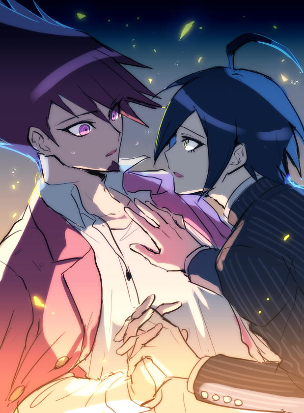 2boys ahoge black_hair black_jacket danganronpa_(series) danganronpa_v3:_killing_harmony eye_contact facial_hair goatee hair_between_eyes holding_hands itsuki_(nightlight) jacket long_sleeves looking_at_another male_focus momota_kaito multiple_boys open_clothes pink_eyes purple_hair saihara_shuichi shirt simple_background spiked_hair striped_clothes striped_jacket sweat upper_body white_shirt yaoi yellow_eyes