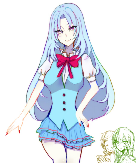 1girl 2boys blue_hair cosplay crossover eyelashes fingernails fresh_precure! happy kita_nayuta long_hair looking_at_viewer minami_shun multiple_boys nishi_hayato northa northa_(fresh_precure!) precure puffy_sleeves purple_eyes ribbon school_uniform shijima_(agkm) shirt simple_background sketch skirt smile souler souler_(fresh_precure!) standing suite_precure wester wester_(fresh_precure!) white_background