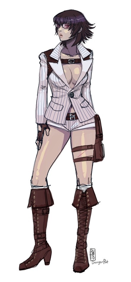 1girl black_hair boots breasts cleavage dangerpat devil_may_cry devil_may_cry_(series) devil_may_cry_4 fingerless_gloves gloves jacket lady_(devil_may_cry) navel_peek no_bra shorts signature simple_background tinted_eyewear white_background white_jacket white_shorts