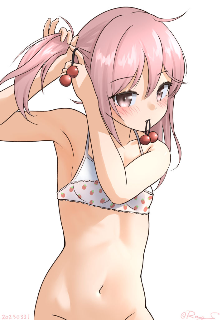 1girl bottomless bra breasts food_print fruit_print hair_bobbles hair_ornament holding holding_own_hair kantai_collection medium_breasts mouth_hold navel no_panties out-of-frame_censoring pink_eyes pink_hair print_bra ray.s sazanami_(kancolle) simple_background solo strawberry_print underwear white_background white_bra
