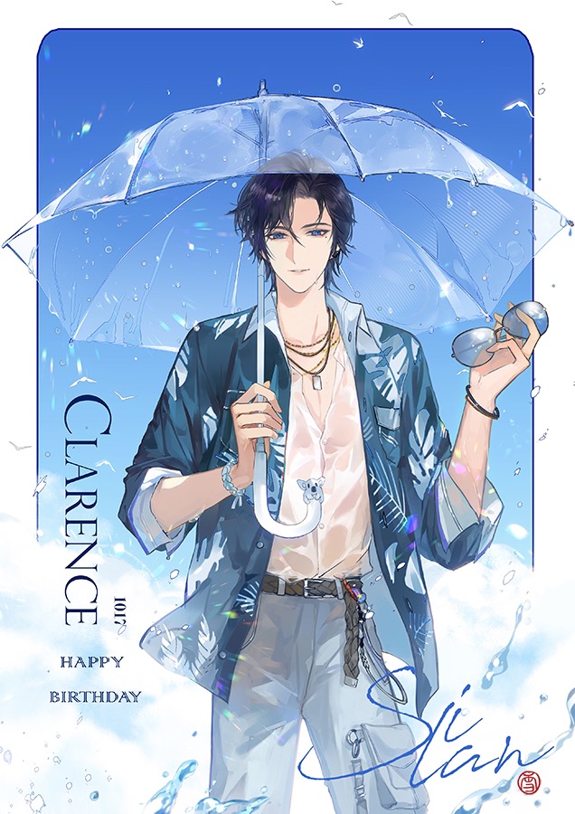 1boy belt belt_buckle black_belt blue_eyes blue_hair blue_jacket border bracelet buckle character_name clarence_clayden cloud collarbone collared_jacket cowboy_shot curtained_hair dark_blue_hair dated day dog_tags grey_pants hair_between_eyes happy_birthday hawaiian_shirt holding holding_removed_eyewear holding_umbrella jacket jewelry leaf_print long_sleeves looking_at_viewer lovebrush_chronicles male_focus mole mole_under_eye open_clothes open_collar open_jacket outside_border pants parted_lips pocket seal_impression shirt shirt_tucked_in short_hair solo splatter standing sunglasses transparent transparent_umbrella umbrella unworn_eyewear water wet wet_clothes wet_shirt white_shirt xuedaixun