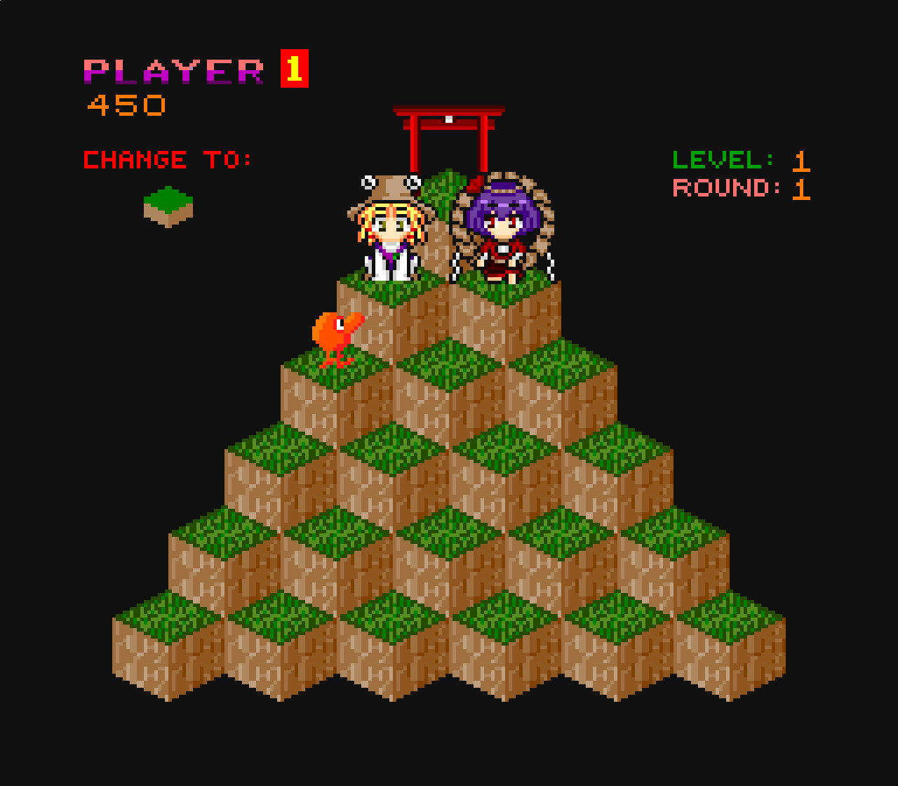 2girls blonde_hair brown_hat commentary_request english_text full_body hat kaelu looking_at_another moriya_suwako multiple_girls no_mouth pixel_art purple_hair purple_vest q_bert q_bert_(character) red_shirt shirt squatting torii touhou vest yasaka_kanako