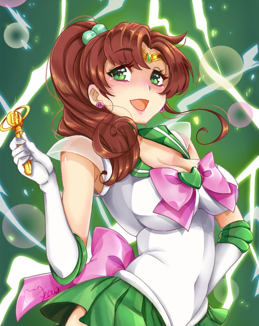 1girl :d armpit_peek back_bow bishoujo_senshi_sailor_moon blurry blush bokeh bow breasts brown_hair choker circlet cleavage commentary covered_navel cowboy_shot curtained_hair depth_of_field dress_bow earrings elbow_gloves english_commentary floating_hair flower_earrings gem gloves gold_circlet green_background green_choker green_eyes green_gemstone green_sailor_collar green_skirt hair_bobbles hair_ornament hair_over_shoulder hand_on_own_hip holding holding_pen jewelry kino_makoto leotard lightning lightning_background long_hair looking_at_viewer low_neckline medium_breasts meowyin miniskirt open_mouth paid_reward_available pen pink_bow pink_lips ponytail sailor_collar sailor_jupiter sailor_senshi_uniform signature skirt sleeveless leotard smile solo standing super_sailor_jupiter thick_eyelashes tight_clothes transformation_pen white_gloves white_leotard
