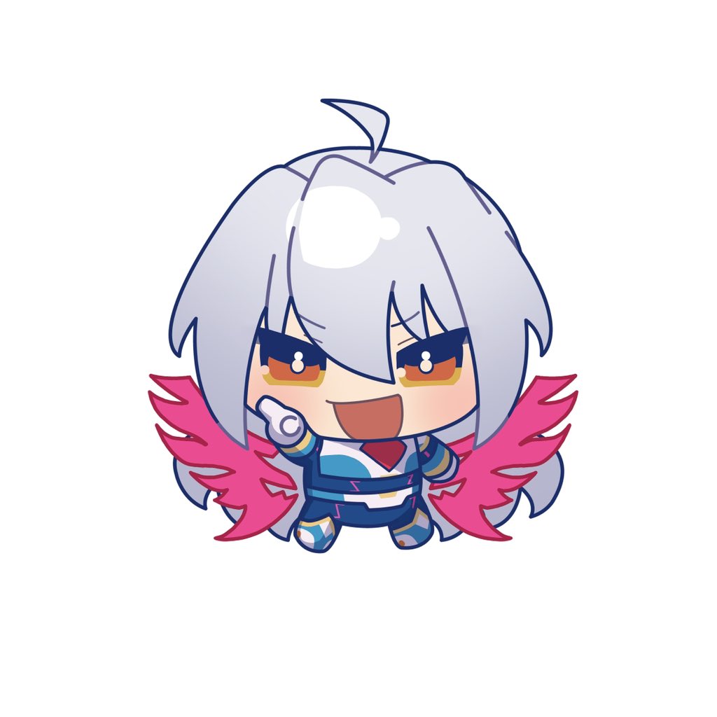 1boy ahoge armor brown_eyes chest_jewel chibi full_body grey_hair long_hair mega_man_(series) mega_man_x_(series) mega_man_x_dive myamata_no open_mouth simple_background solo via_(mega_man) white_armor white_background