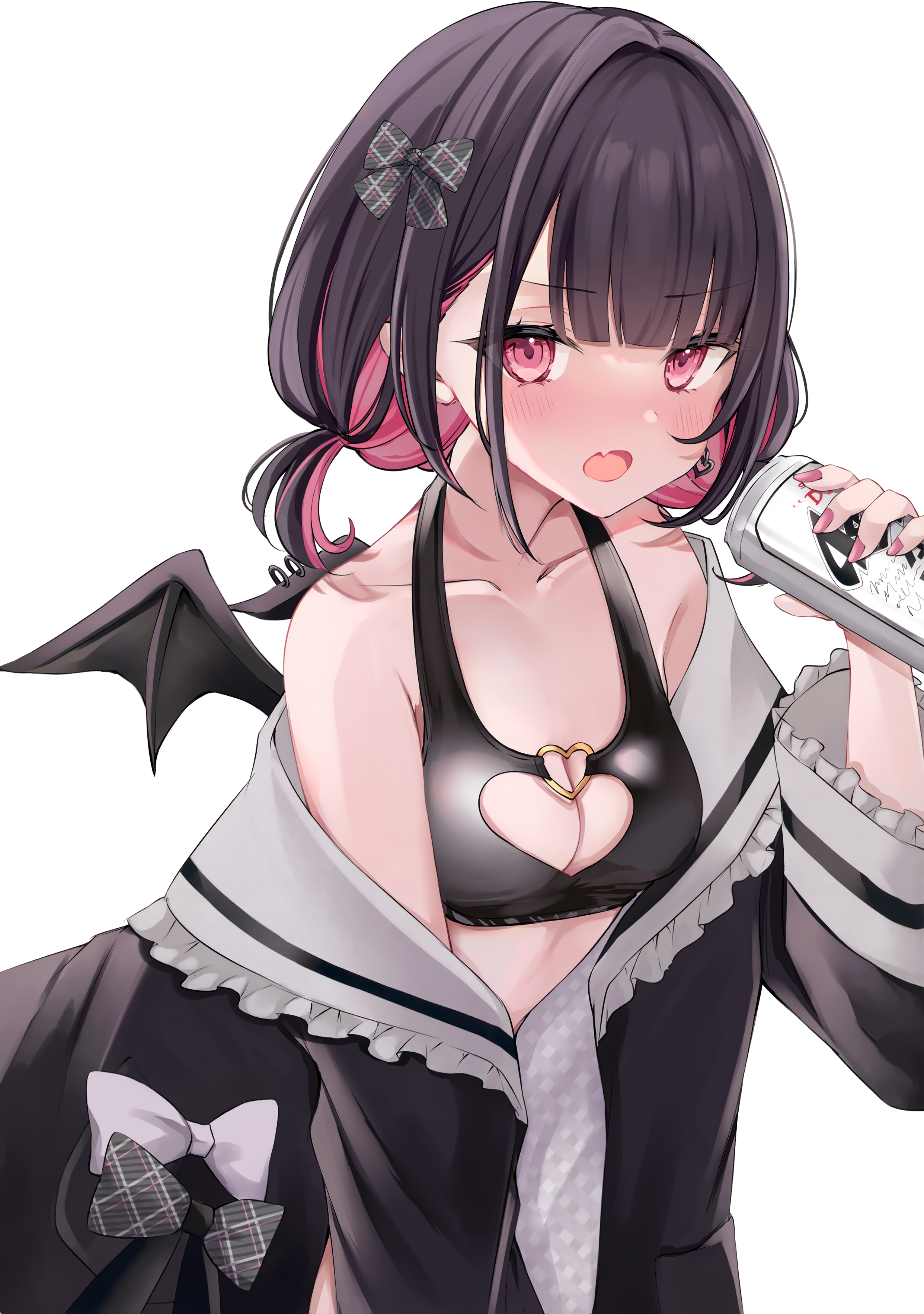1girl absurdres alcohol asahi_breweries bare_shoulders beer beer_can black_hair blush bow breasts can cleavage collarbone detached_sleeves drink_can fake_wings fang fingernails frills hand_up highres holding indie_virtual_youtuber long_sleeves looking_at_viewer medium_breasts mini_wings nail_polish open_mouth pink_eyes pink_hair rikotan rikotan_(vtuber) short_hair simple_background skin_fang solo virtual_youtuber wings