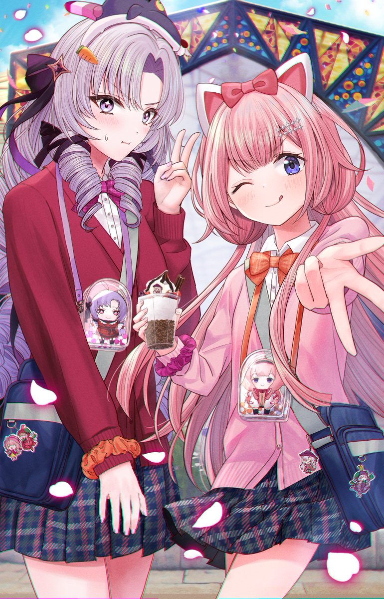 2girls :i ;q animal_ears bag bow bowtie building cardigan cat_ears character_charm character_doll charm_(object) cup curtained_hair dress_shirt drill_hair fake_animal_ears falling_petals food gyaru_v hair_ornament highres holding holding_cup hyakumantenbara_salome ice_cream kashiwagi_touko long_hair low_twintails multiple_girls nijisanji one_eye_closed petals pink_hair plaid_clothes plaid_skirt purple_eyes purple_hair shirt shoulder_bag skirt suo_sango tongue tongue_out twintails v virtual_youtuber