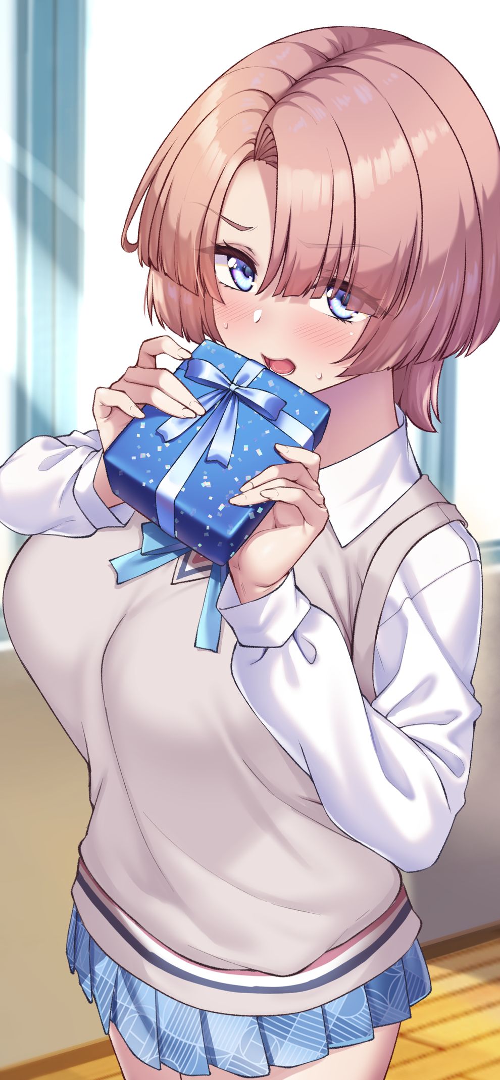 1girl arimura_mao blue_skirt blush breasts brown_hair brown_sweater_vest collared_shirt commentary_request eyes_visible_through_hair gakuen_idolmaster gift hair_over_one_eye highres holding holding_gift idolmaster large_breasts long_sleeves looking_at_viewer lower_teeth_only open_mouth purple_eyes school_uniform shirokuma_a shirt short_hair skirt solo standing sweater_vest teeth tongue v-neck white_shirt