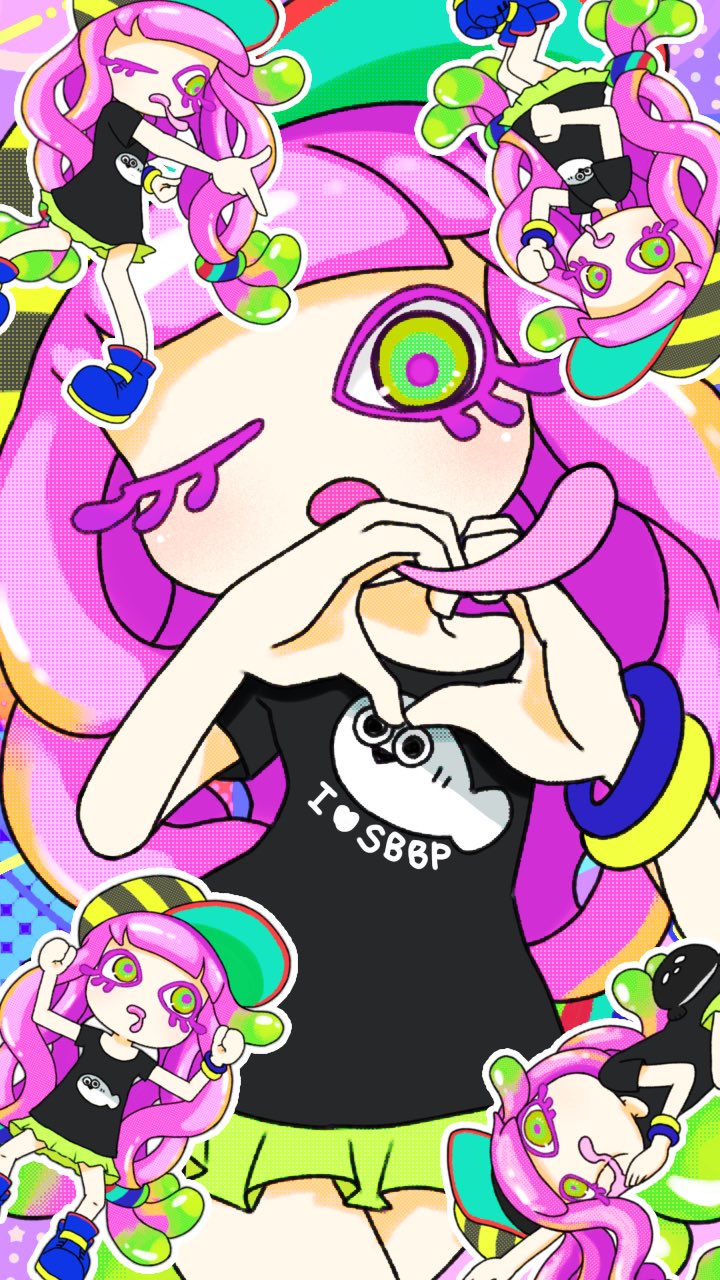 1girl animal animal_print baseball_cap black_shirt blue_footwear blush boots bracelet clenched_hand clothes_writing clownfish colored_eyelashes drooling finger_gun fish fish_print green_eyes green_skirt harmony&#039;s_clownfish_(splatoon) harmony_(splatoon) hat heart heart_hands highres jewelry looking_at_viewer lying miniskirt mouth_drool nintendo one_eye_closed open_mouth pink_hair pointing print_shirt purple_pupils sacabambaspis sea_anemone shirt short_sleeves skirt splatoon_(series) splatoon_3 striped_clothes striped_hat striped_headwear tentacle_hair tokemochi wink yellow_hat